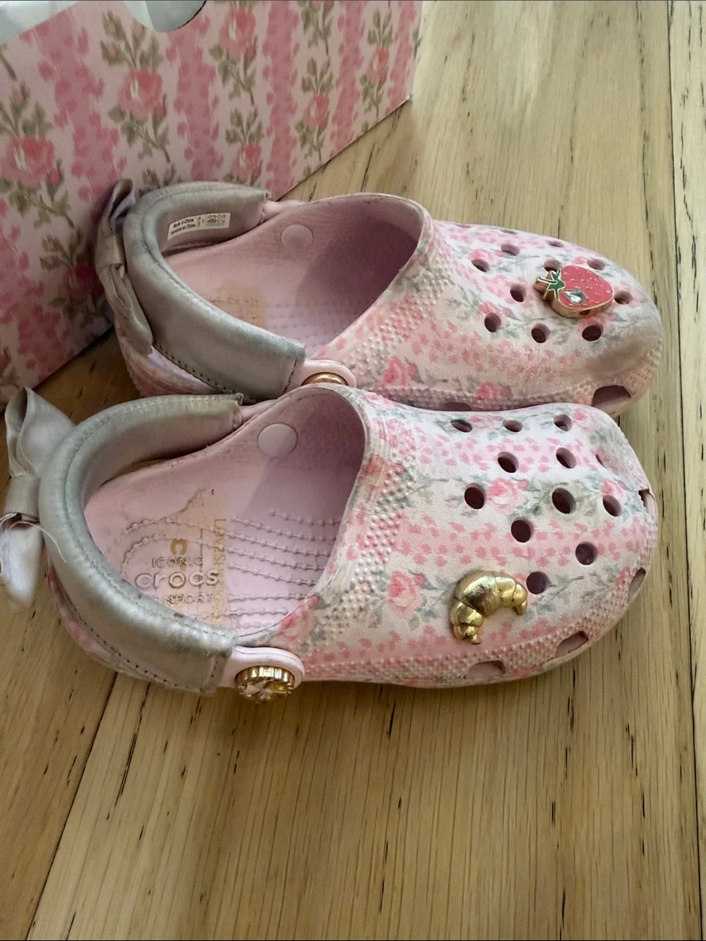LoveShackFancy crocs Pink Floral Slip-On Sandals with Bow Accents
